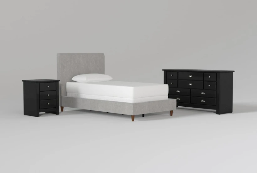 Dean Charcoal Twin Upholstered Panel 3 Piece Bedroom Set With Summit Black II Dresser & Nightstand - 360