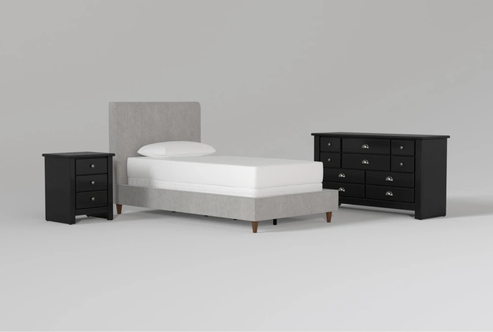 Dean Charcoal Twin Upholstered Panel 3 Piece Bedroom Set With Summit Black II Dresser & Nightstand