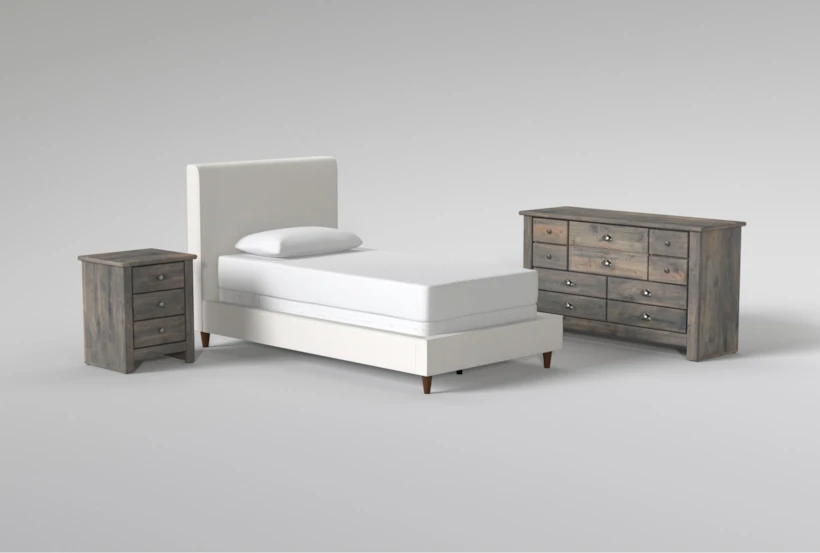 Dean Sand Twin Upholstered Panel 3 Piece Bedroom Set With Summit Grey II Dresser & Nightstand - 360