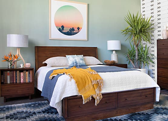 sunrise blue + brown bedroom