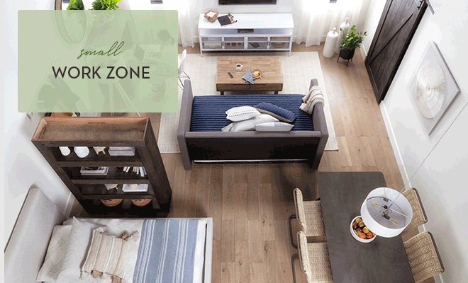 Small work zone, lounge zone, dining zone and sleep zone.