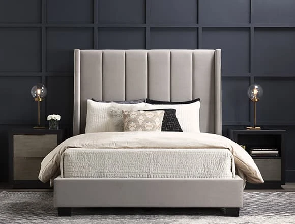 Black Bedroom with Topanga Queen Velvet Upholstered Panel Bed