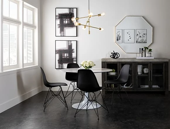 Black Dining Room with Vera Round White Marble Dining Table