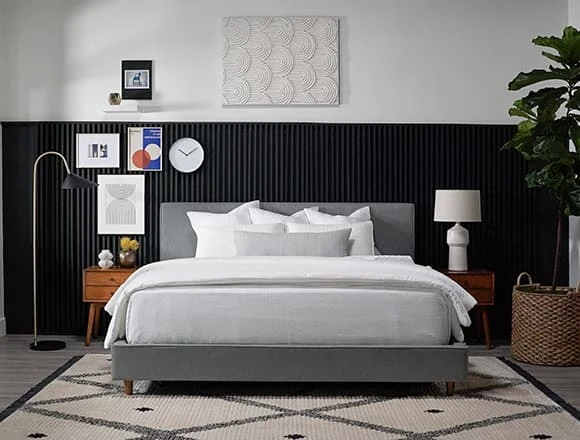 Black Bedroom With Dean Charcoal Eastern King Upholstered Panel Bed