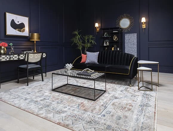 Blue Living Room with Black Curved Velvet Sofa