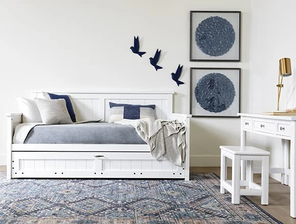 Blue Dorm Room with Mateo White Twin Daybed With Trundle