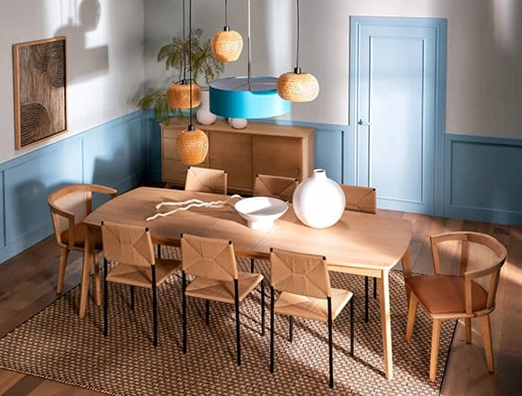 Blue Dining Room with Mariko Extendable Dining Table