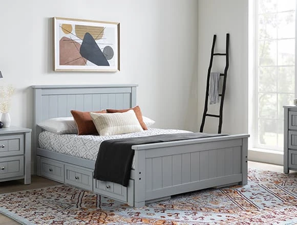 Grey Kids Bedroom with Mateo Grey Full Panel Bed with Double 3 Drawer Storage Unit