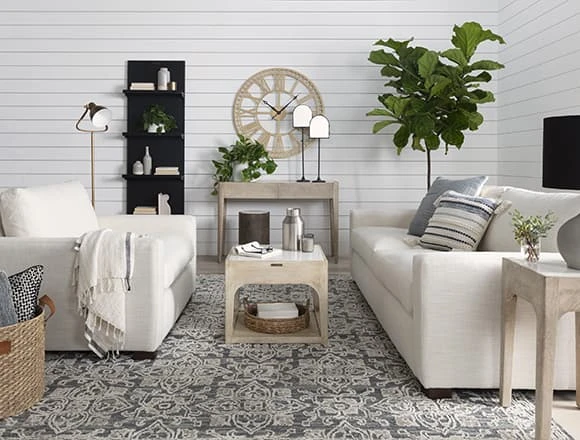 White Living Room with Magnolia Home Walden Homespun Cream 41'' Sofa by Joanna Gaines