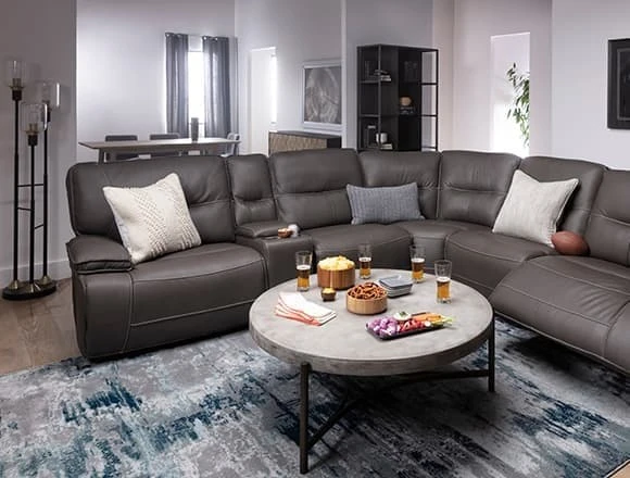 Transitional Living Room with Marcus Grey 6 Piece Sectional With Power Headrest & Usb