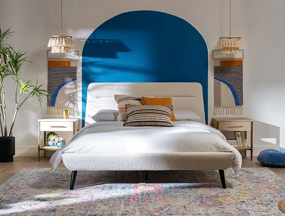 Boho Bedroom With Eloise Queen Upholstered Platform Bed