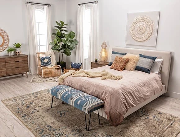 Boho Bedroom with Dean Sand Queen Upholstered Panel Bed