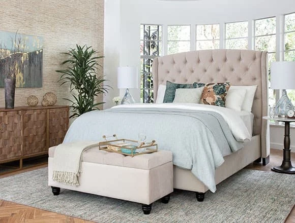 Boho Bedroom with Mariah Queen Upholstered Panel Bed