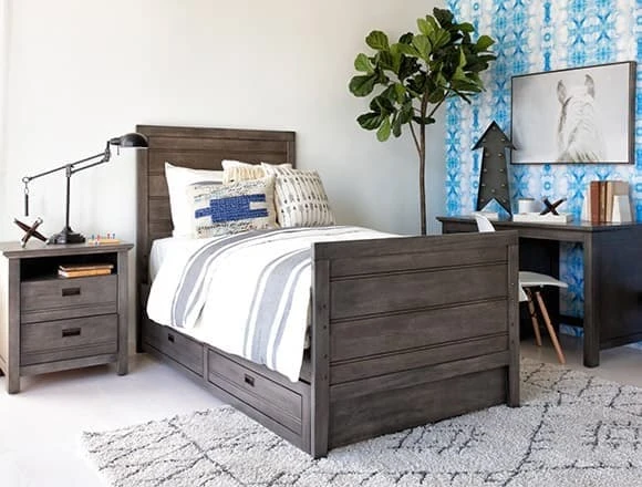 Country-rustic Bedroom with Owen Grey Twin Panel Bed W/Trundle Storage