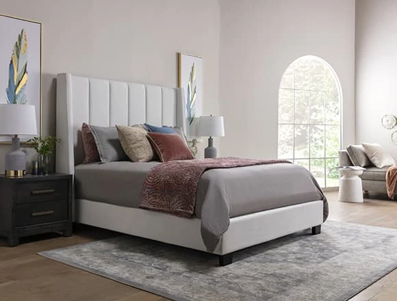 Modern Bedroom With Topanga White Queen Velvet Upholstered Panel Bed