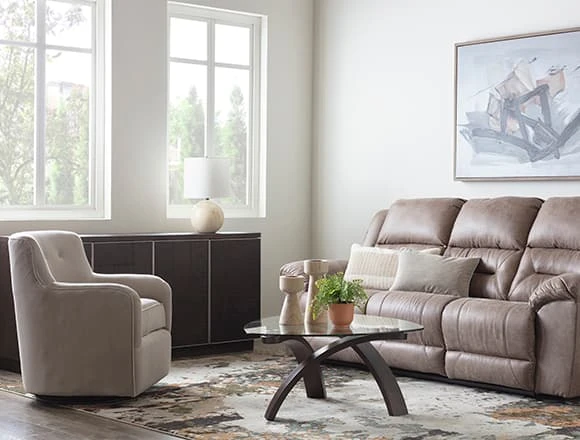 Modern Family Room with Stoneland Fossil 93" Reclining Sofa