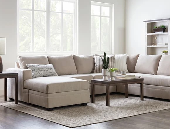 Country/Rustic Family Room with Bonaterra Sand 2 Piece Sectional With Left Arm Facing Chaise