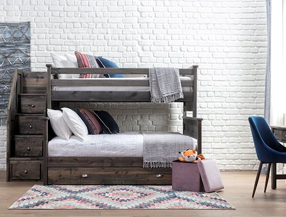 Rustic Bedroom with Summit Grey Twin Over Full Bunk With 2-Drw Underbed Storage & Stairway