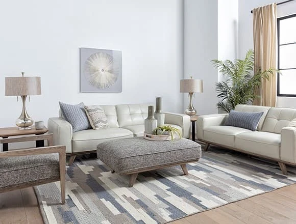 Mid-century Living Room with Caressa Leather Dove Grey Sofa