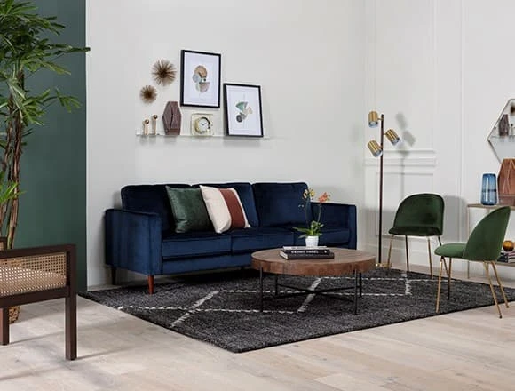 Mid-century Living Room with Fairfax Denim Velvet 90" Sofa