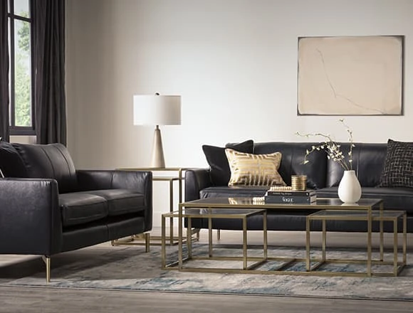 Modern Living Room With Marmont Navy 87" Leather Sofa By Drew & Jonathan For Living Spaces