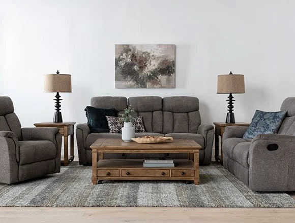 Transitional Living Room with Suzy Dark Grey Reclining Sofa