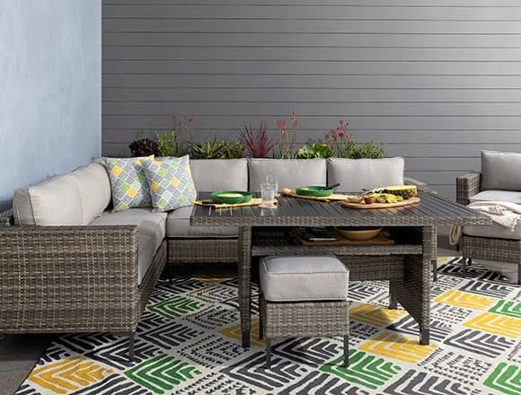 Transitional Patio & Backyard with Hayes Outdoor Banquette Lounge with 2 Ottomans
