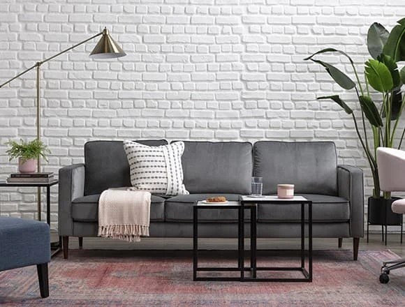 Mid-Century Small Apartment Living Room with Fairfax Steel Grey Velvet Sofa
