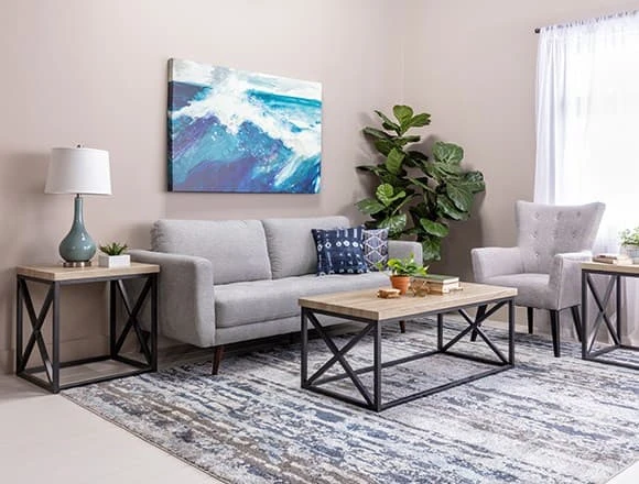 Coastal Living Room with Ginger Grey Sofa