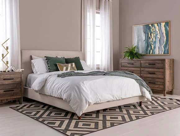 Glam Bedroom with Dean Sand Queen Upholstered Panel Bed