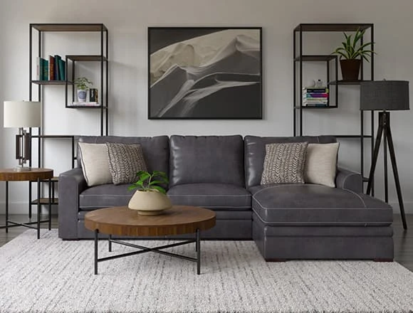 Modern Small Apartment With Greer Dark Grey Leather 2 Piece 105" Modular Sectional With Left Arm Facing Chaise & Right Arm Facing Loveseat