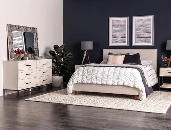 Modern Bedroom with Dean Sand Queen Upholstered Panel Bed