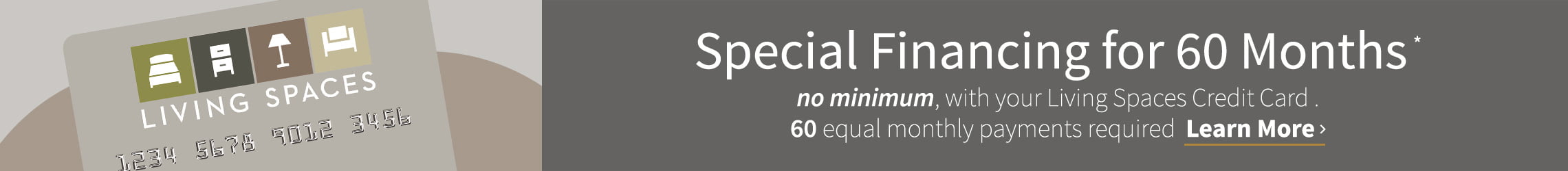 Special Financing for 60 Months* no minimum, with your Living Spaces Credit Card. 60 equal monthly payments required. Learn More>