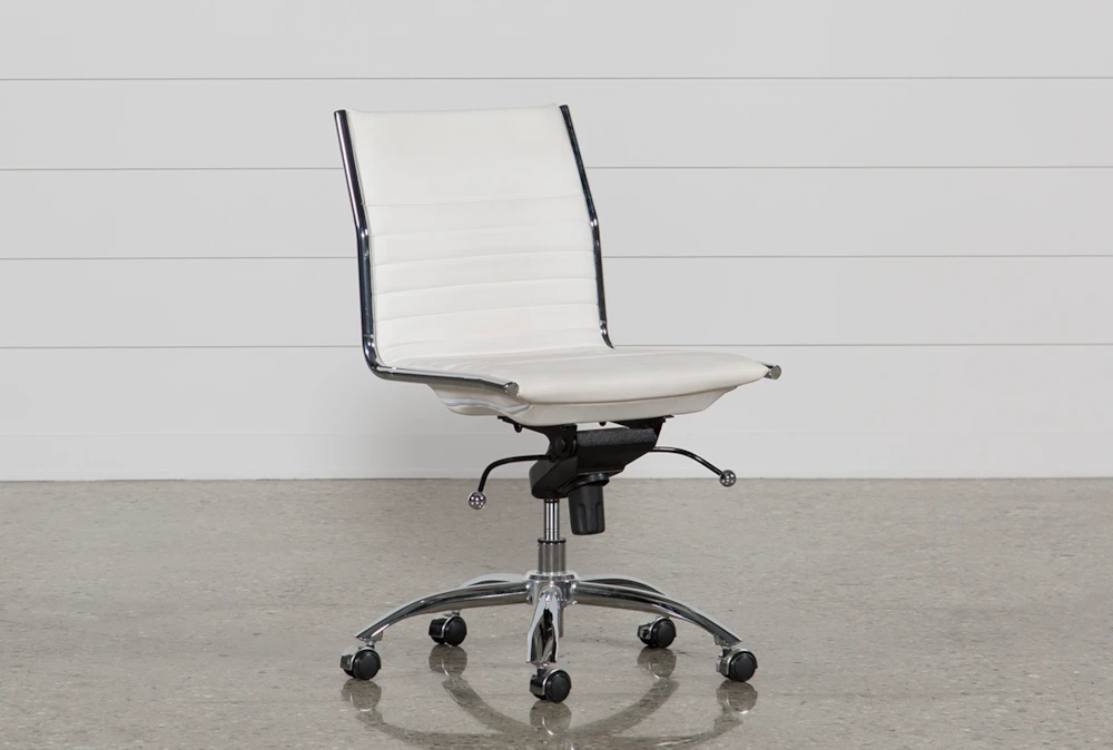 Copenhagen White Faux Leather And Chrome Low Back Armless Rolling Office Desk Chair