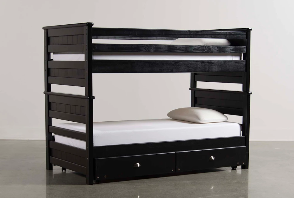 Summit Black Twin Over Twin Wood Bunk Bed With Trundle With Mattress