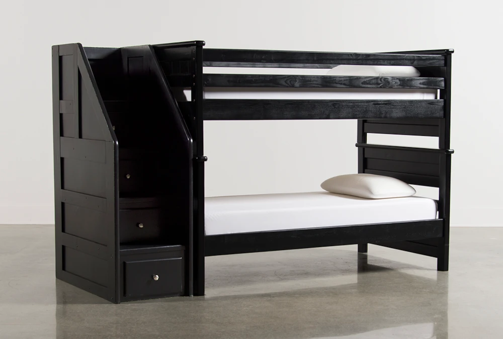 Summit Black Twin Over Twin Wood Bunk Bed With Stairway Chest