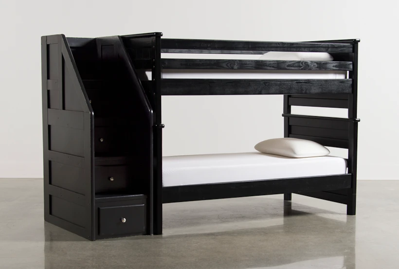 Summit Black Twin Over Twin Wood Bunk Bed With Stairway Chest - 360