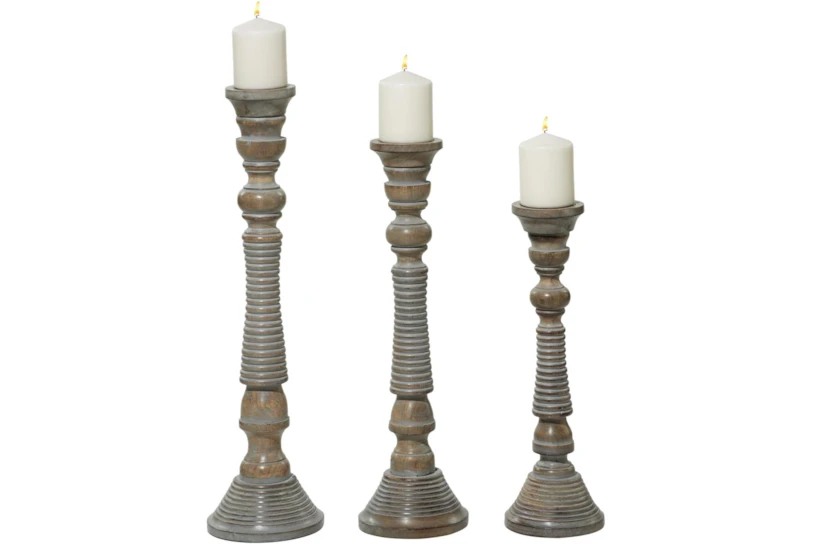 3 Piece Set Distressed Wooden Candleholders - 360