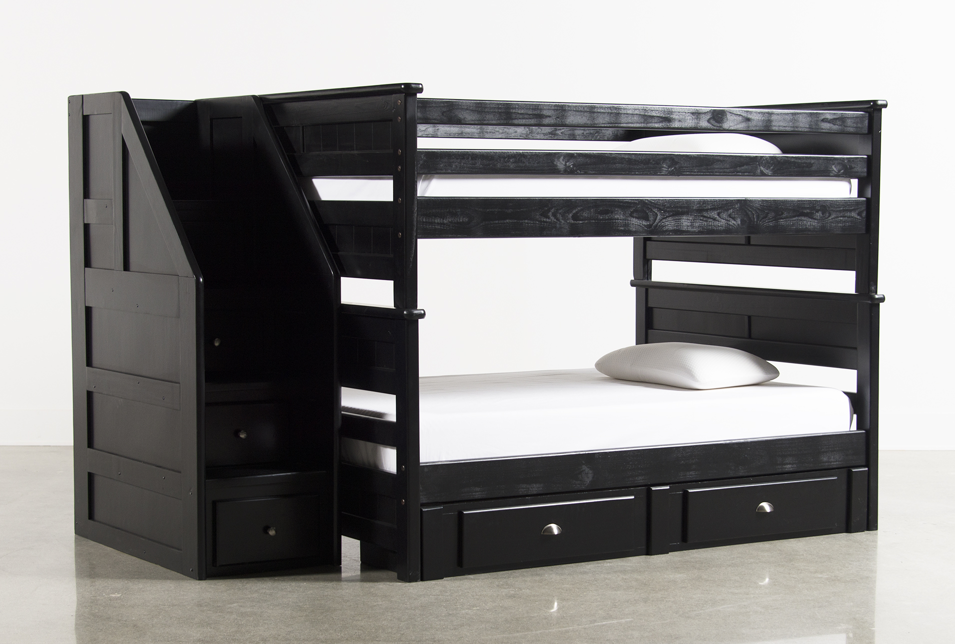 black bunk beds with storage