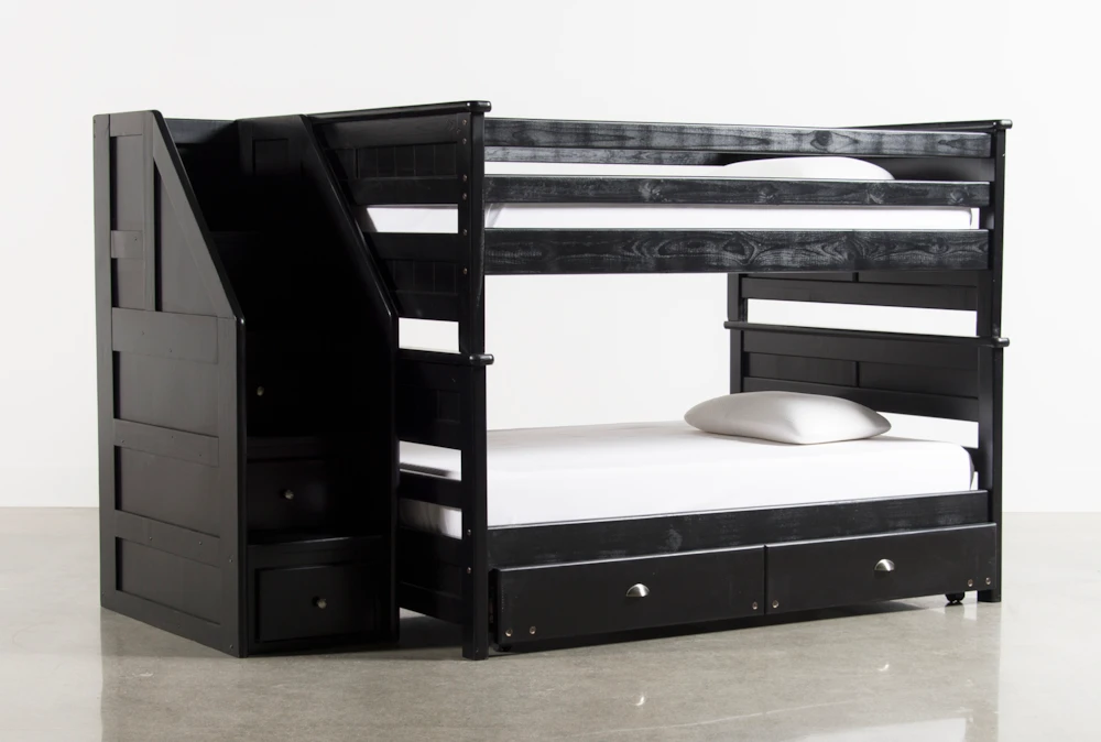 Summit Black Full Over Full Bunk Bed With Trundle/Mattress & Stairway Chest