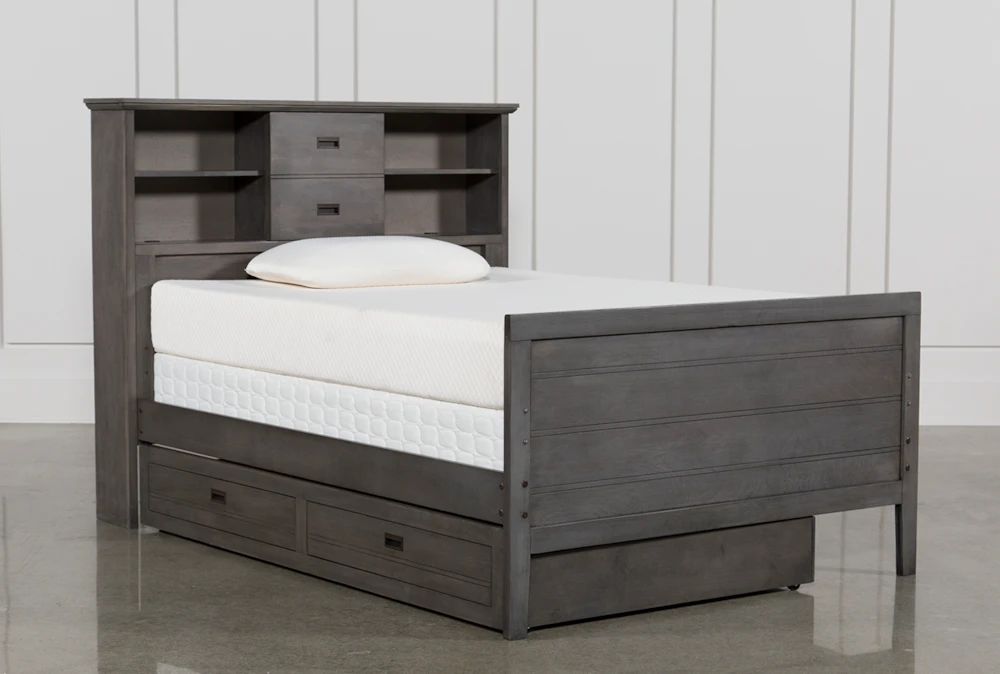 Owen Grey Full Wood Bookcase Bed With Trundle Storage
