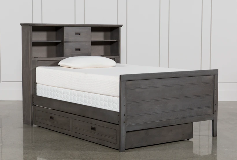 Owen Grey Full Wood Bookcase Bed With Trundle Storage - 360