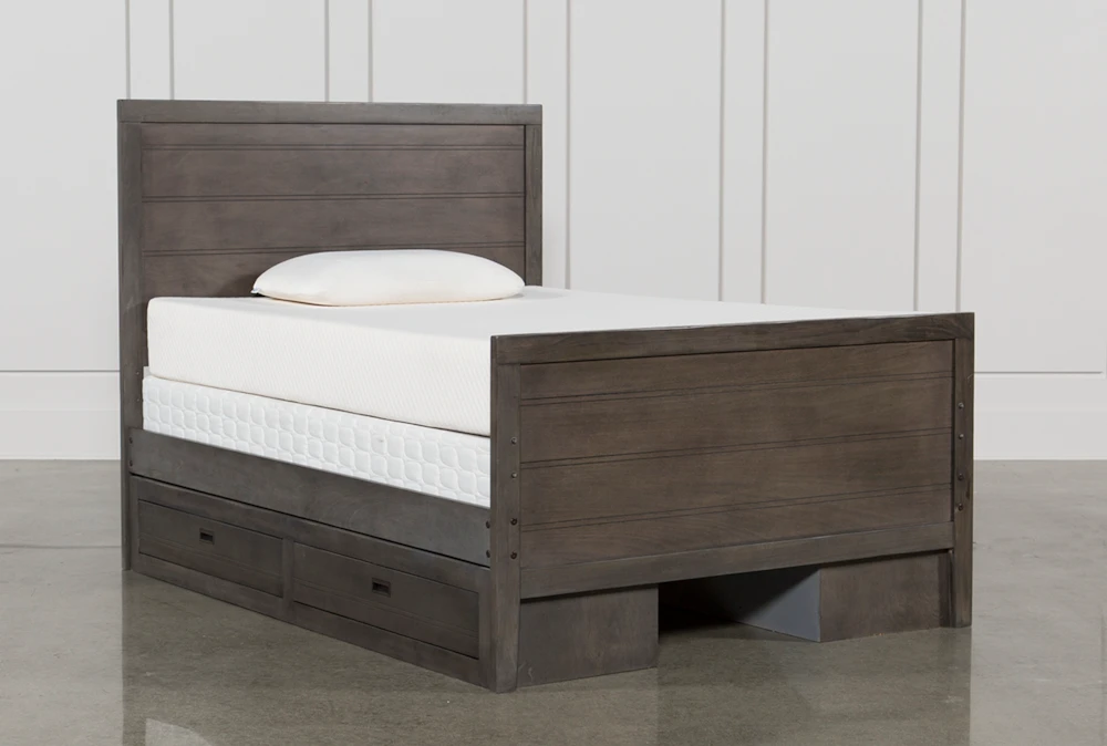 Owen Grey Full Wood Panel Bed With Double 2-Drawer Storage Unit