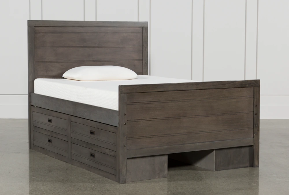 Owen Grey Full Wood Panel Bed With Double 4-Drawer Storage Unit