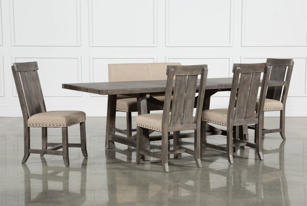 Jaxon Grey 6 Piece Rectangle Extension Dining Set With Bench & Wood Chairs