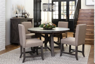 Jaxon Grey Round Extension Dining With Upholstered Chair Set For 4