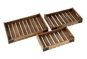 3 Piece Set Wood Metal Crate Tray