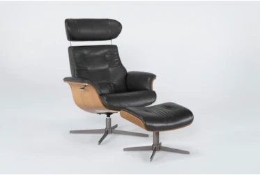 Amala Dark Grey Leather Reclining Swivel Chair With Adjustable Headrest And Ottoman