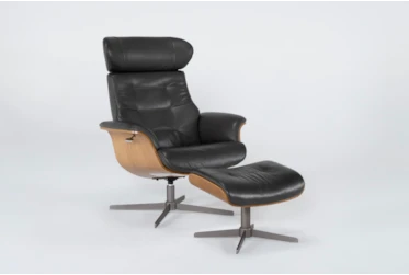 Amala Dark Grey Leather Reclining Swivel Chair With Adjustable Headrest And Ottoman