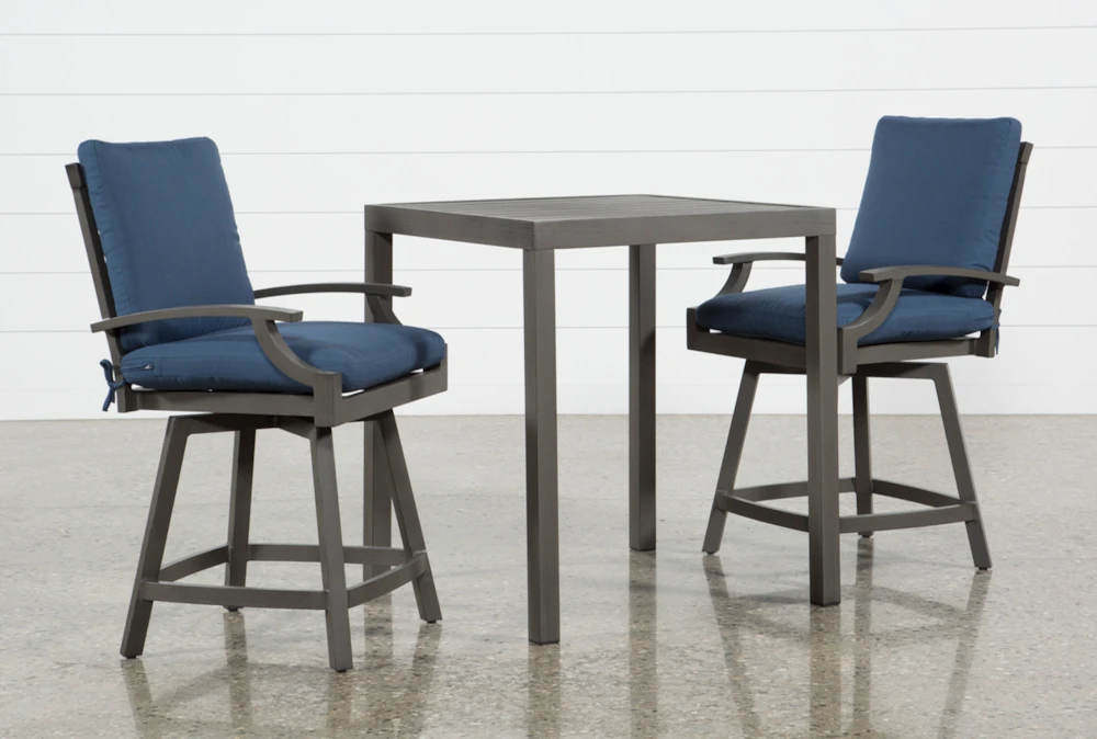 Martinique Outdoor 3 Piece Pub Set With Navy Counter Stools